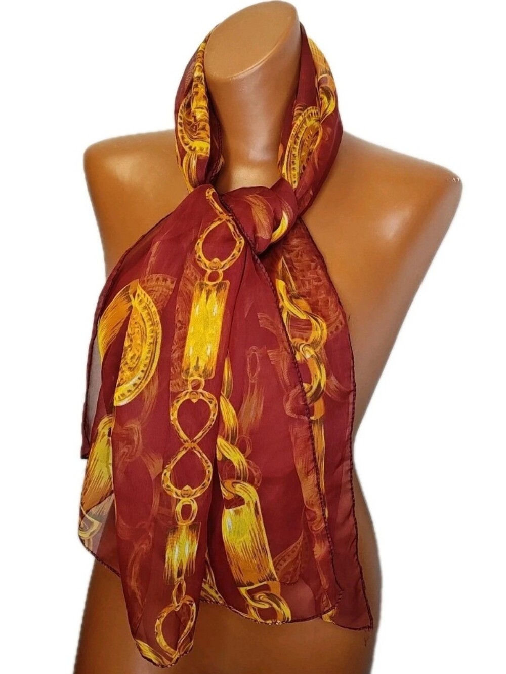Vtg Sheer Chiffon Long Neck Belt Purse Scarf Maroon Gold Chains 56/19' Old Money